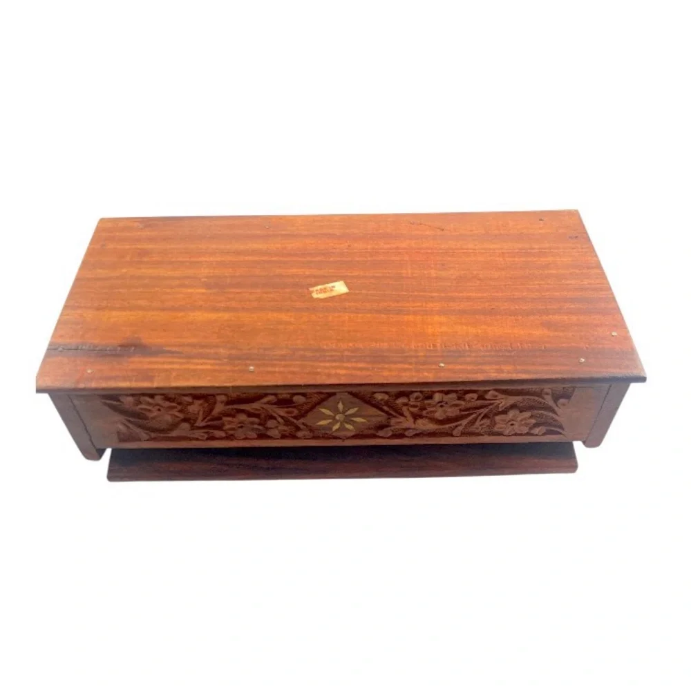 Vintage Ornate Indian Wooden Box Carved Floral Gold Paint Jewelry Trinket Holder